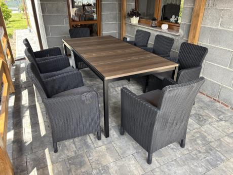 Meble obiadowe na taras Portis Comfort ze stołem 200cm w kolorze orzecha i 8 fotelami