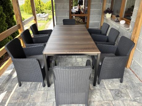 Meble obiadowe na taras Portis Comfort ze stołem 200cm w kolorze orzecha i 8 fotelami