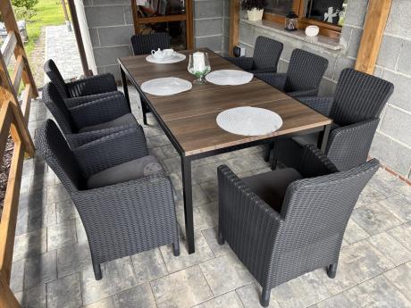 Meble obiadowe na taras Portis Comfort ze stołem 200cm w kolorze orzecha i 8 fotelami
