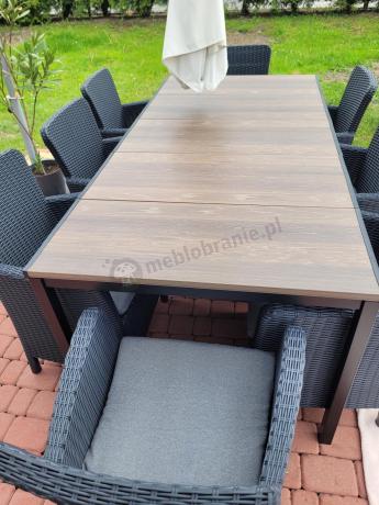 Meble obiadowe na taras Portis Comfort ze stołem 200cm w kolorze orzecha i 8 fotelami