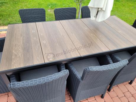 Meble obiadowe na taras Portis Comfort ze stołem 200cm w kolorze orzecha i 8 fotelami
