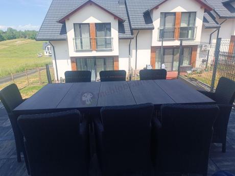 Meble obiadowe na taras Portis Comfort ze stołem 200cm w kolorze orzecha i 8 fotelami