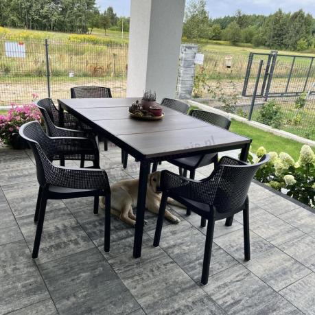 Meble obiadowe na taras Portis Slim ze stołem 160cm w kolorze orzecha i 6 fotelami