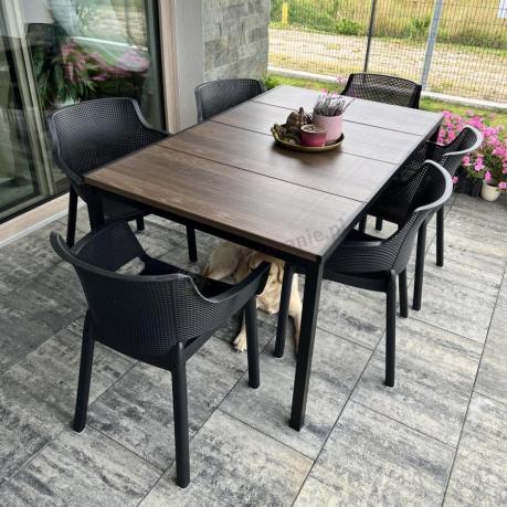 Meble obiadowe na taras Portis Slim ze stołem 160cm w kolorze orzecha i 6 fotelami