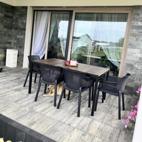 Meble obiadowe na taras Portis Slim ze stołem 160cm w kolorze orzecha i 6 fotelami