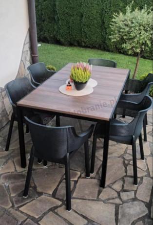 Meble obiadowe na taras Portis Slim ze stołem 160cm w kolorze orzecha i 6 fotelami