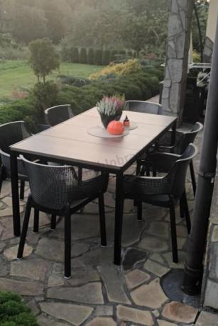 Meble obiadowe na taras Portis Slim ze stołem 160cm w kolorze orzecha i 6 fotelami