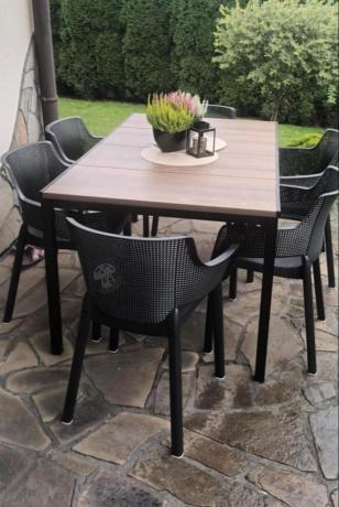 Meble obiadowe na taras Portis Slim ze stołem 160cm w kolorze orzecha i 6 fotelami