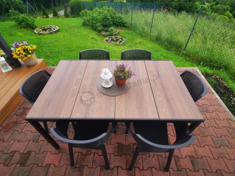 Meble obiadowe na taras Portis Slim ze stołem 160cm w kolorze orzecha i 6 fotelami