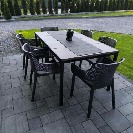 Meble obiadowe na taras Portis Slim ze stołem 160cm w kolorze orzecha i 6 fotelami