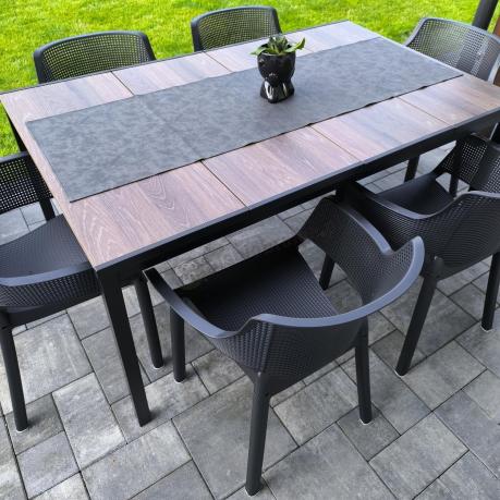 Meble obiadowe na taras Portis Slim ze stołem 160cm w kolorze orzecha i 6 fotelami