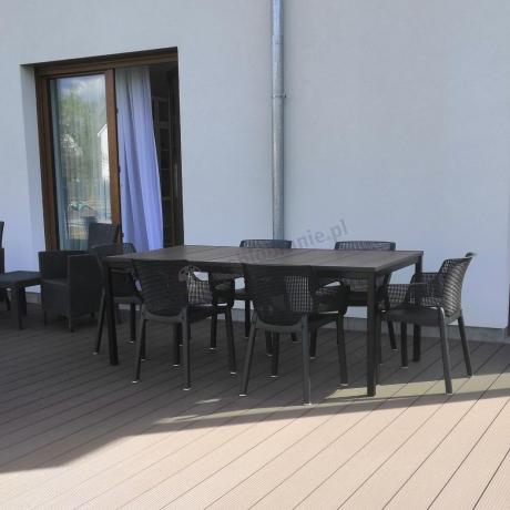 Meble obiadowe na taras Portis ze stołem 200cm w kolorze orzecha i 6 fotelami