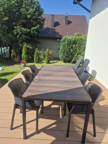 Meble obiadowe na taras Portis ze stołem 200cm w kolorze orzecha i 6 fotelami