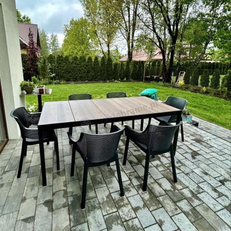 Meble obiadowe na taras Portis ze stołem 200cm w kolorze orzecha i 6 fotelami