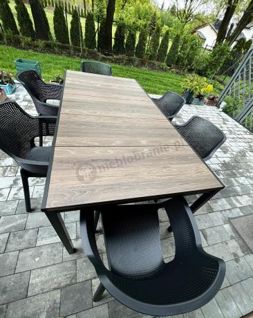 Meble obiadowe na taras Portis ze stołem 200cm w kolorze orzecha i 6 fotelami