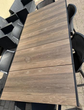 Meble obiadowe na taras Portis ze stołem 200cm w kolorze orzecha i 6 fotelami