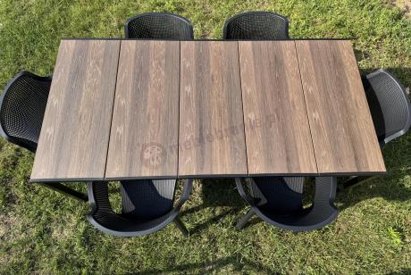 Meble obiadowe na taras Portis ze stołem 200cm w kolorze orzecha i 6 fotelami