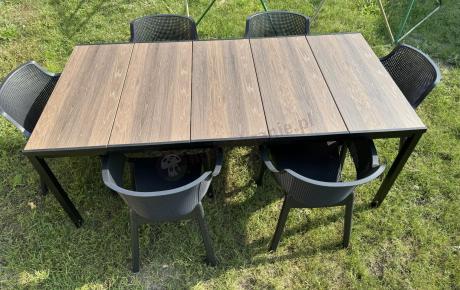 Meble obiadowe na taras Portis ze stołem 200cm w kolorze orzecha i 6 fotelami