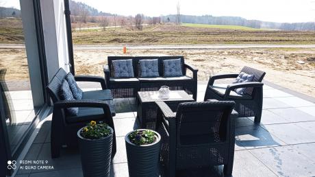 Meble Ogrodowe Corfu Triple Lyon z podnoszonym stolikiem Grafit