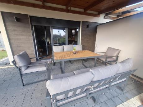 Meble ogrodowe dla 8 osób - sofy 175cm, fotele, stół obiadowy 160cm - Panaon Grande Grey Teak