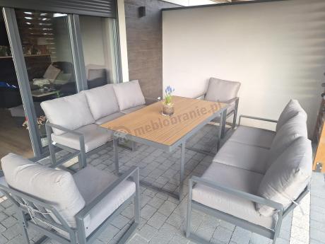 Meble ogrodowe dla 8 osób - sofy 175cm, fotele, stół obiadowy 160cm - Panaon Grande Grey Teak
