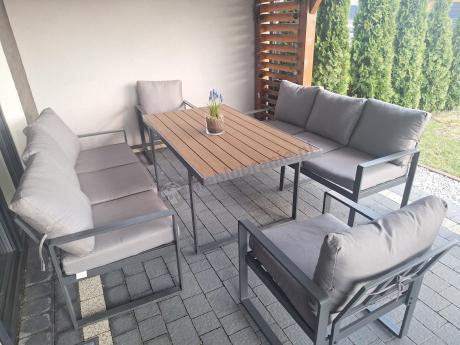 Meble ogrodowe dla 8 osób - sofy 175cm, fotele, stół obiadowy 160cm - Panaon Grande Grey Teak