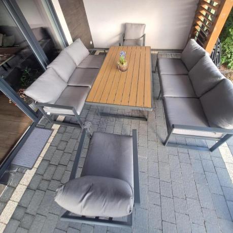 Meble ogrodowe dla 8 osób - sofy 175cm, fotele, stół obiadowy 160cm - Panaon Grande Grey Teak