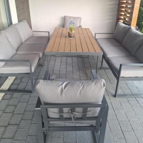 Meble ogrodowe dla 8 osób - sofy 175cm, fotele, stół obiadowy 160cm - Panaon Grande Grey Teak