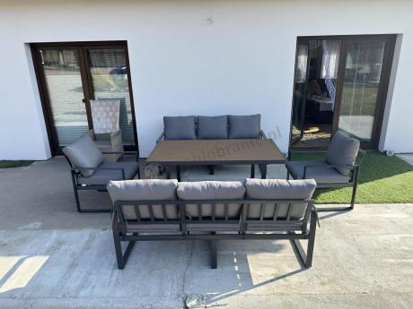 Meble ogrodowe dla 8 osób - sofy 175cm, fotele, stół obiadowy 160cm - Panaon Grande Grey Teak