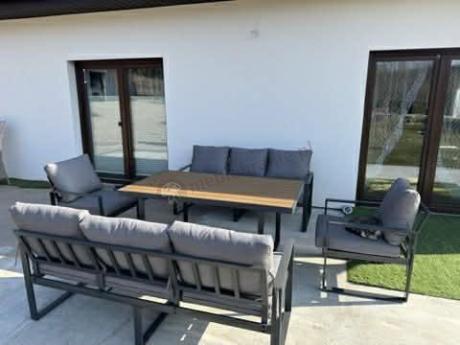 Meble ogrodowe dla 8 osób - sofy 175cm, fotele, stół obiadowy 160cm - Panaon Grande Grey Teak