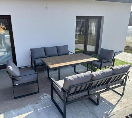 Meble ogrodowe dla 8 osób - sofy 175cm, fotele, stół obiadowy 160cm - Panaon Grande Grey Teak