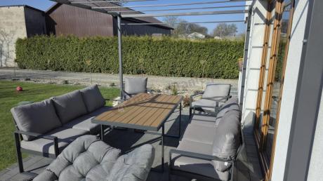 Meble ogrodowe dla 8 osób - sofy 175cm, fotele, stół obiadowy 160cm - Panaon Grande Grey Teak