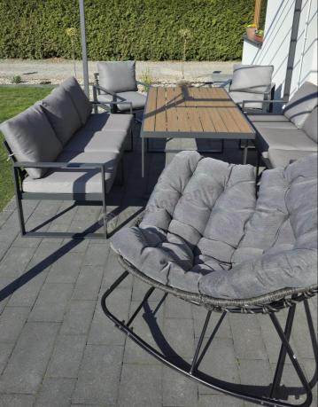 Meble ogrodowe dla 8 osób - sofy 175cm, fotele, stół obiadowy 160cm - Panaon Grande Grey Teak