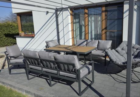 Meble ogrodowe dla 8 osób - sofy 175cm, fotele, stół obiadowy 160cm - Panaon Grande Grey Teak