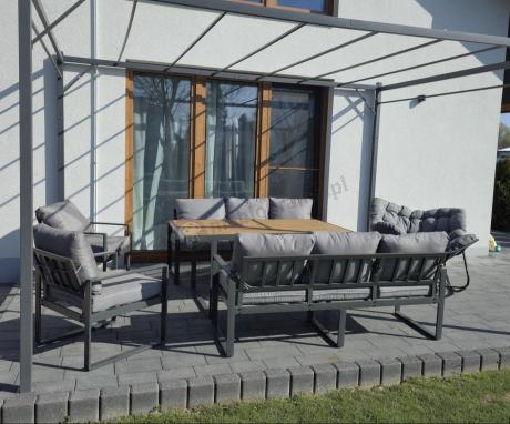 Meble ogrodowe dla 8 osób - sofy 175cm, fotele, stół obiadowy 160cm - Panaon Grande Grey Teak