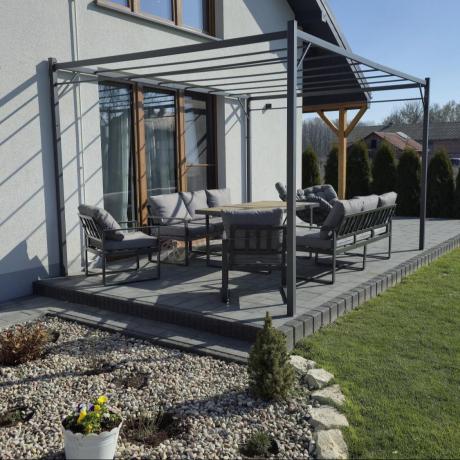 Meble ogrodowe dla 8 osób - sofy 175cm, fotele, stół obiadowy 160cm - Panaon Grande Grey Teak