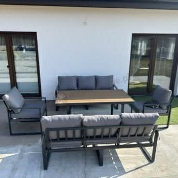 Meble ogrodowe dla 8 osób - sofy 175cm, fotele, stół obiadowy 160cm - Panaon Grande Grey Teak