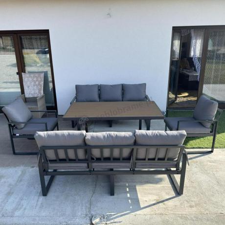 Meble ogrodowe dla 8 osób - sofy 175cm, fotele, stół obiadowy 160cm - Panaon Grande Grey Teak