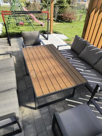 Meble ogrodowe dla 8 osób - sofy 175cm, fotele, stół obiadowy 160cm - Panaon Grande Grey Teak
