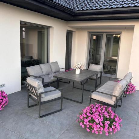 Meble ogrodowe dla 8 osób - sofy 175cm, fotele, szklany stół 160cm - Panaon Grande Elite LG