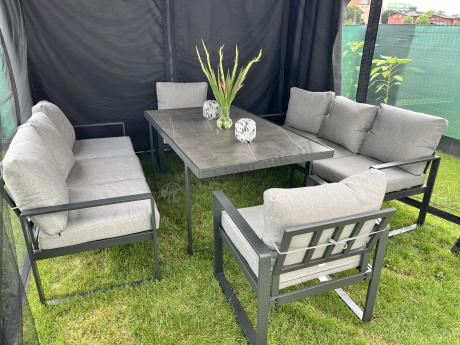 Meble ogrodowe dla 8 osób - sofy 175cm, fotele, szklany stół 160cm - Panaon Grande Elite LG