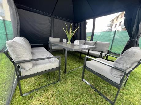 Meble ogrodowe dla 8 osób - sofy 175cm, fotele, szklany stół 160cm - Panaon Grande Elite LG