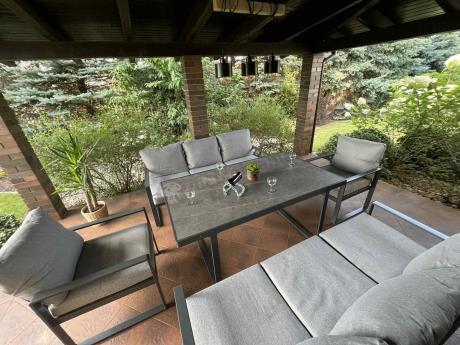 Meble ogrodowe dla 8 osób - sofy 175cm, fotele, szklany stół 160cm - Panaon Grande Elite LG