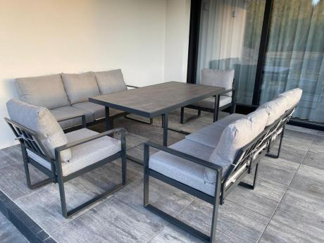 Meble ogrodowe dla 8 osób - sofy 175cm, fotele, szklany stół 160cm - Panaon Grande Elite LG