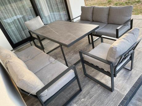 Meble ogrodowe dla 8 osób - sofy 175cm, fotele, szklany stół 160cm - Panaon Grande Elite LG