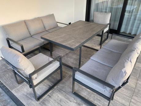 Meble ogrodowe dla 8 osób - sofy 175cm, fotele, szklany stół 160cm - Panaon Grande Elite LG