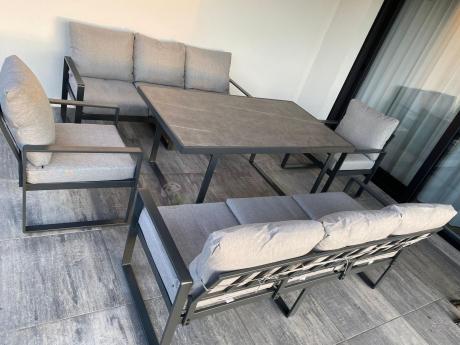 Meble ogrodowe dla 8 osób - sofy 175cm, fotele, szklany stół 160cm - Panaon Grande Elite LG