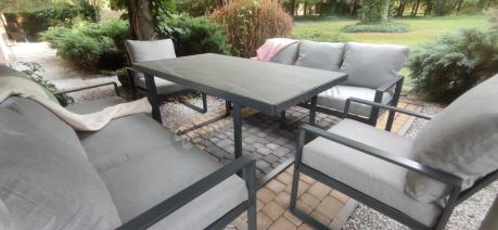 Meble ogrodowe dla 8 osób - sofy 175cm, fotele, szklany stół 160cm - Panaon Grande Elite LG