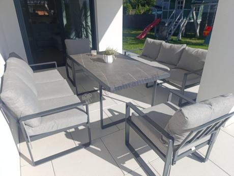 Meble ogrodowe dla 8 osób - sofy 175cm, fotele, szklany stół 160cm - Panaon Grande Elite LG