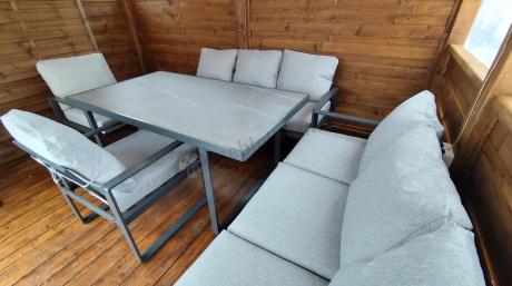 Meble ogrodowe dla 8 osób - sofy 175cm, fotele, szklany stół 160cm - Panaon Grande Elite LG